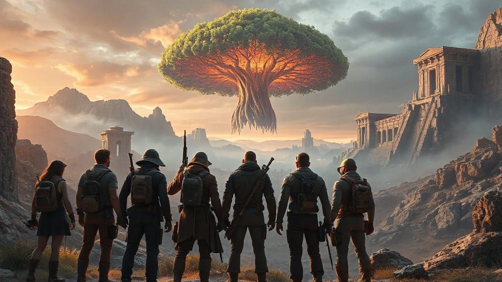 Colossal Luminous Tree and Explorers in Lost City