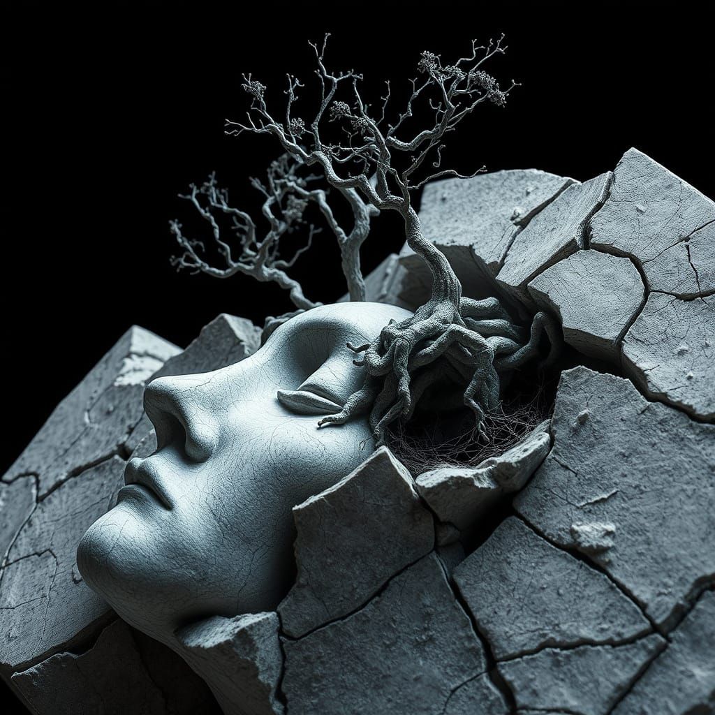 Surreal Stone Puzzle Piece in Eerie, Upside-Down Forest