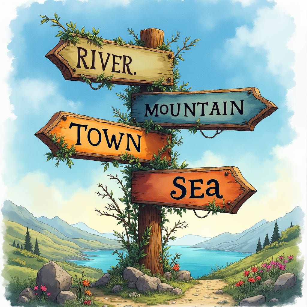 Surreal Crossroads Scene in Watercolor Fairytale Style