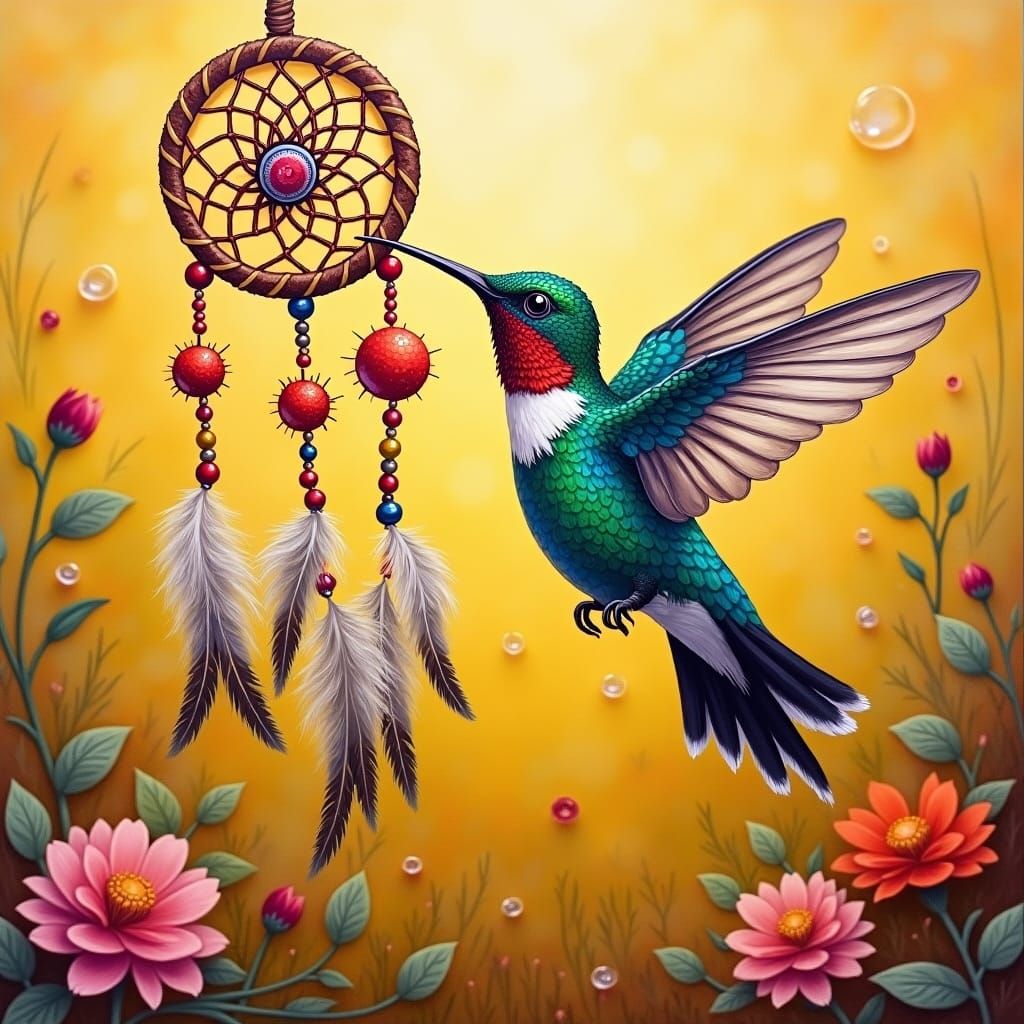 Hummingbird and Dreamcatcher Art: A Colorful Avian Vision