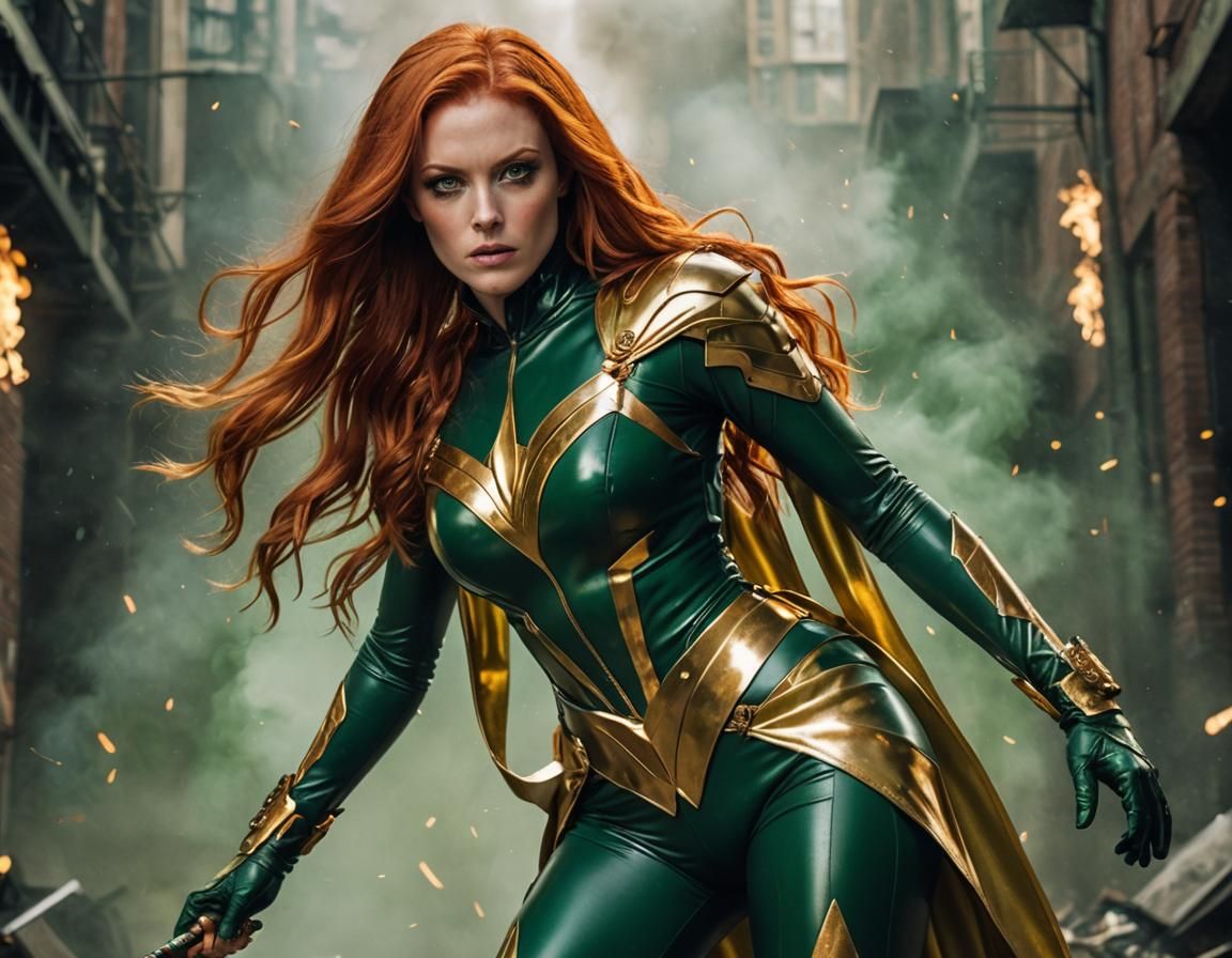 Fiery Phoenix Woman in Green Latex Bodysuit