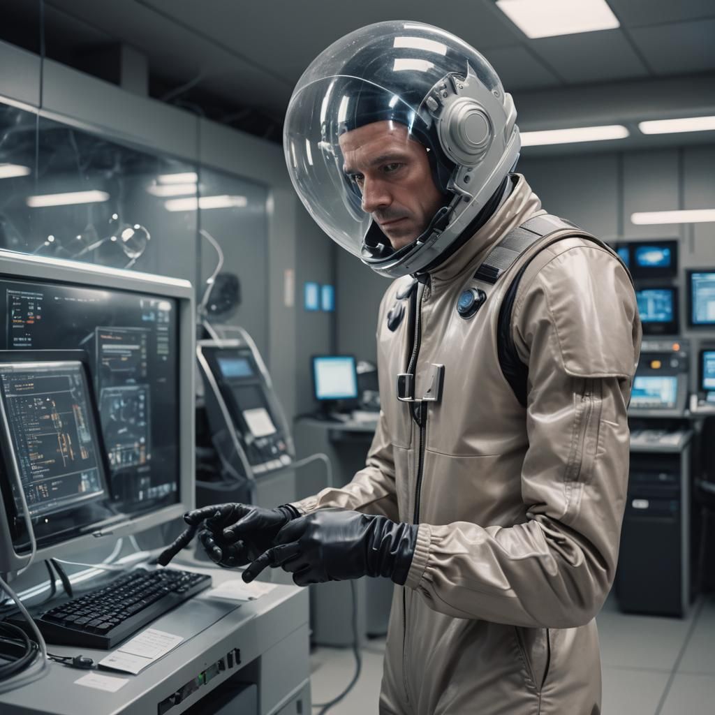 Man in Bubble Helmet Inspects Datapad