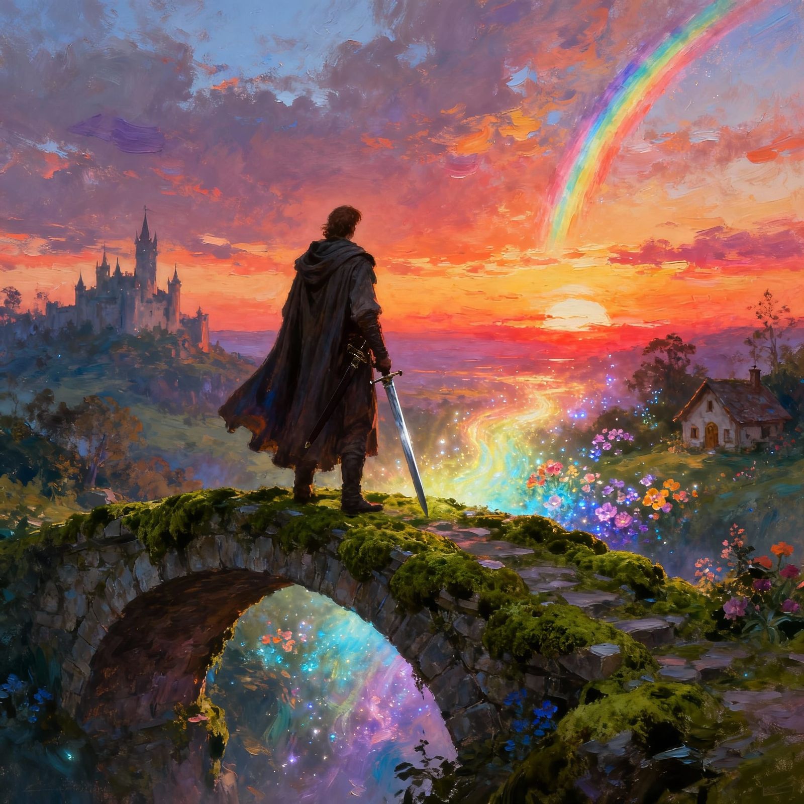 Mystical Sunset Bridge Vista with Castle and Cottage