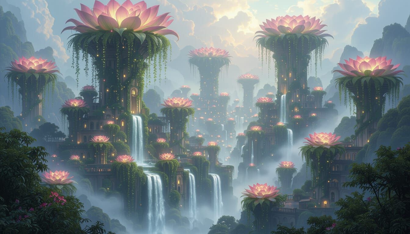 Ethereal Fantasy Botanical City with Glowing Flowers