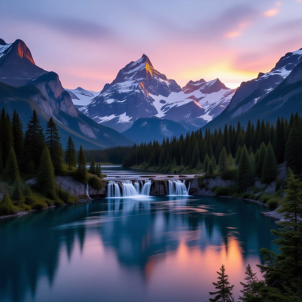 Sunset Forest with Snow Peak Mountain and Waterfalls