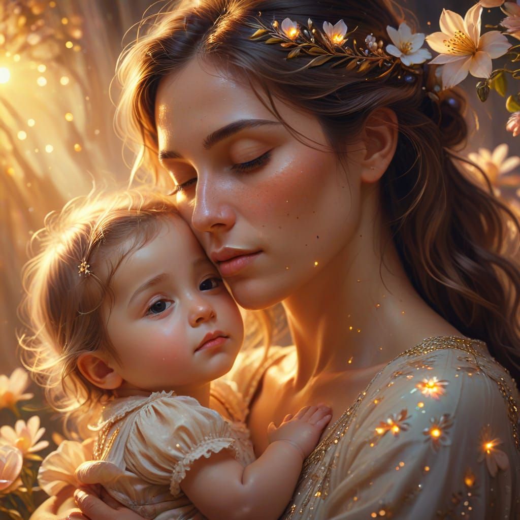 Ethereal Mother and Child in Vibrant Oil Painting