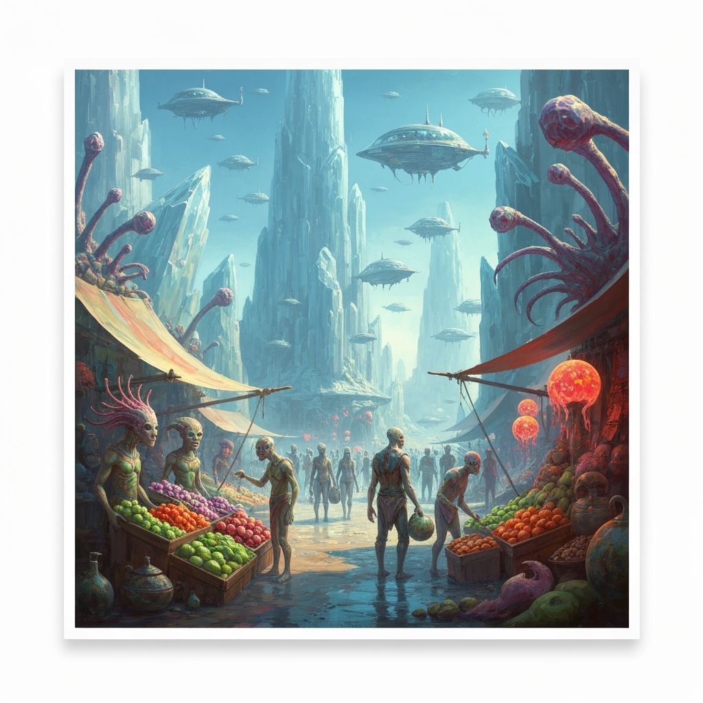 Bustling Alien Marketplace on a Distant Planet