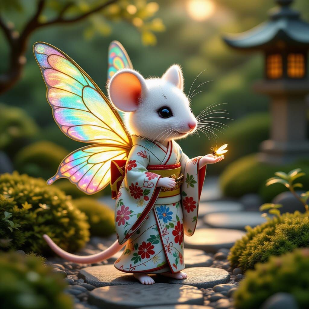 Geisha Mouse with Fairy Wings in Japanese Garden