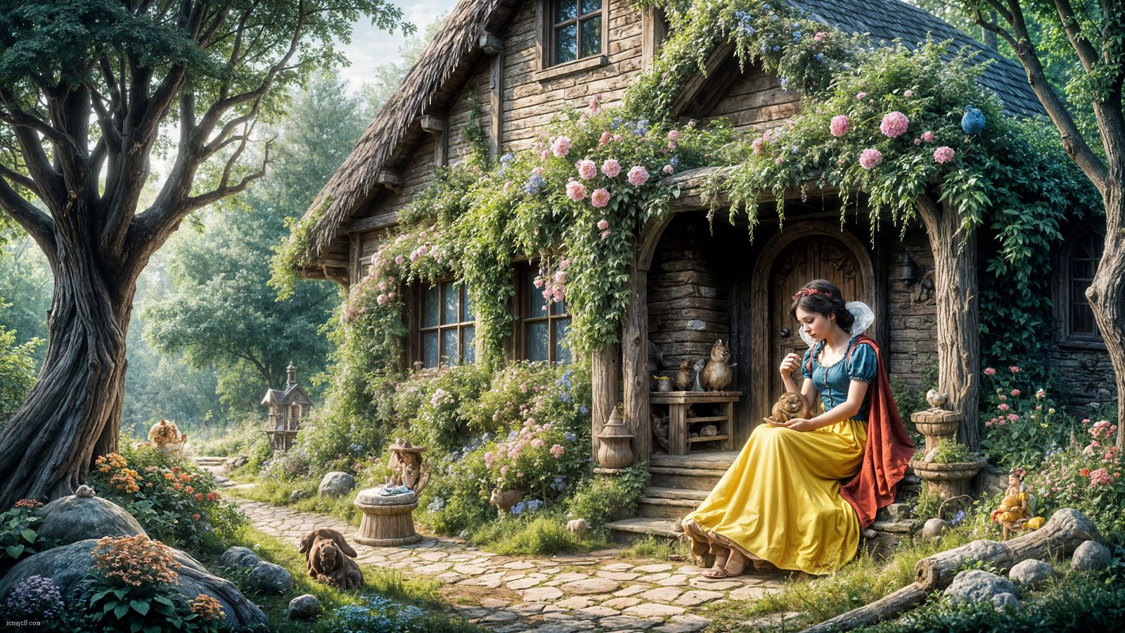 Snow White in Idyllic Cottage Garden, Naive Art Style