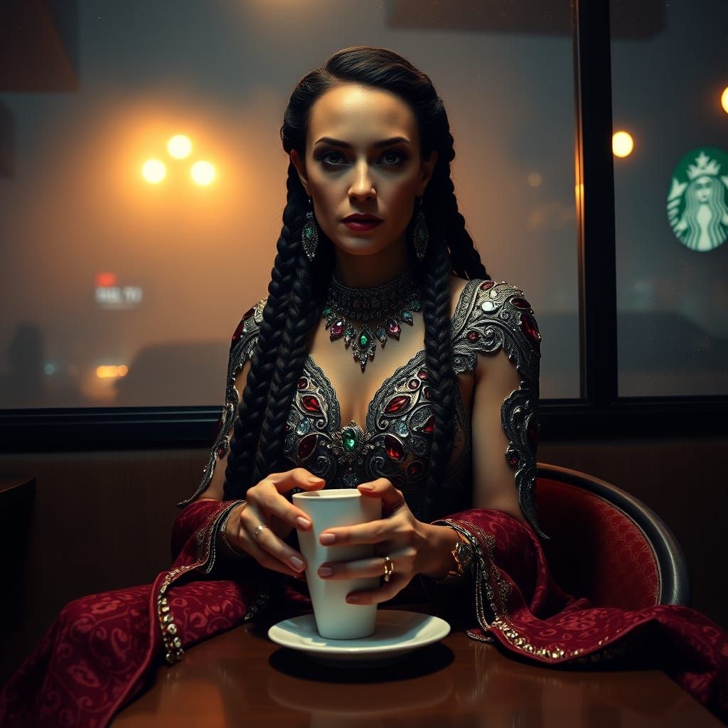 Elegant Goddess Sips Coffee in Starry Night