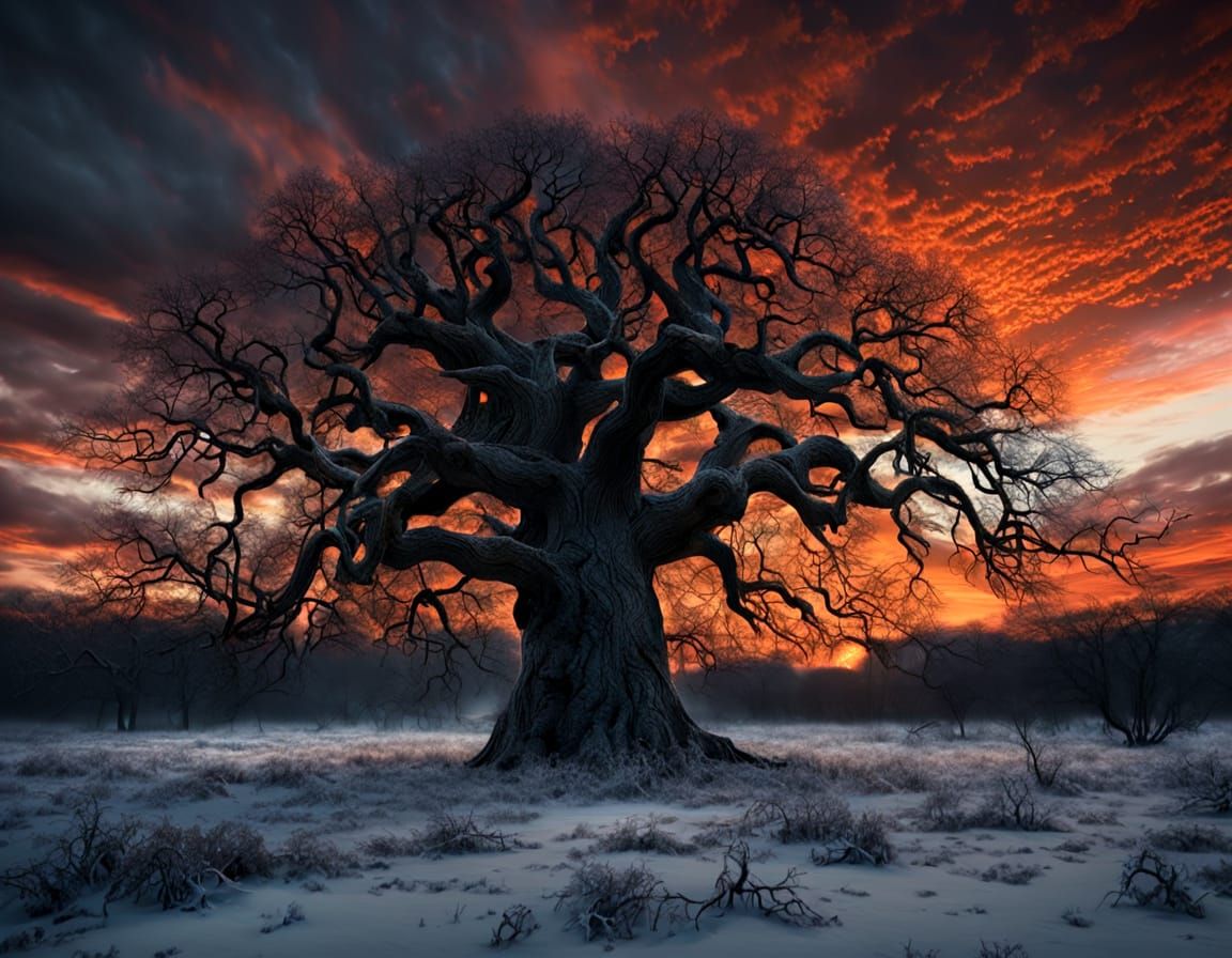 Solitary Oak Tree at Fiery Dystopian Sunset