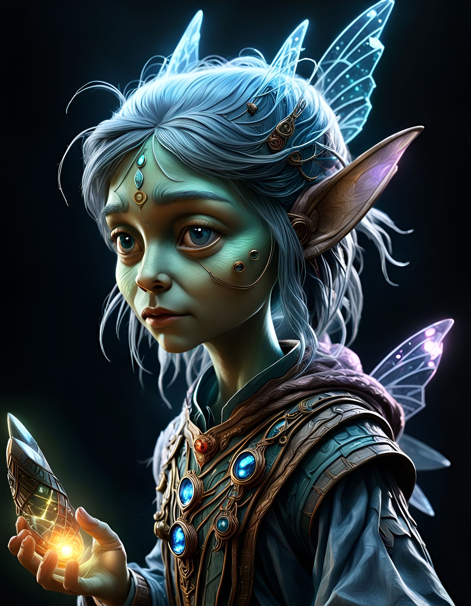 Fairy Scientist Decodes Crystal Password, Hyperrealistic Art