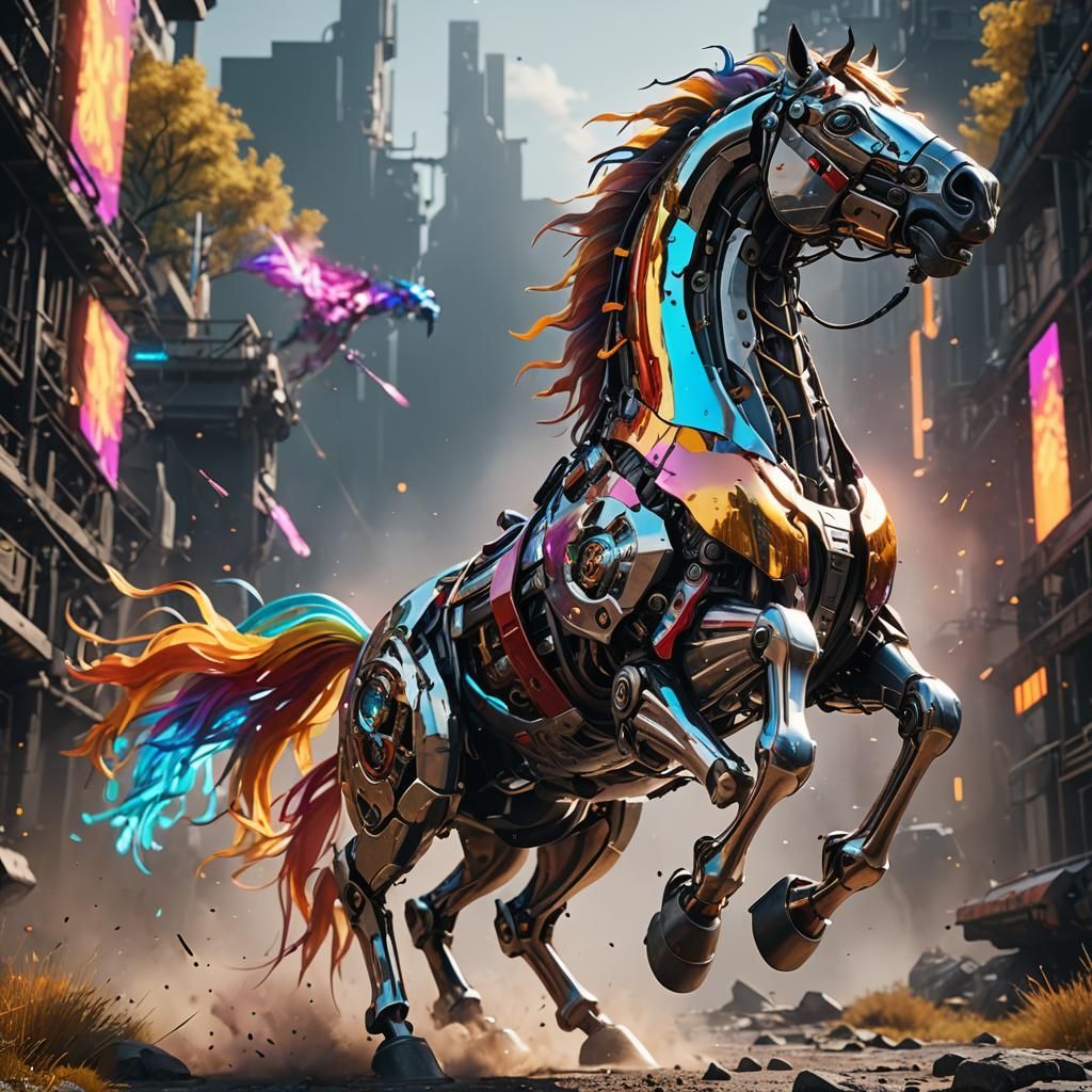 Futuristic Flying Horse with Colorful Streamers
