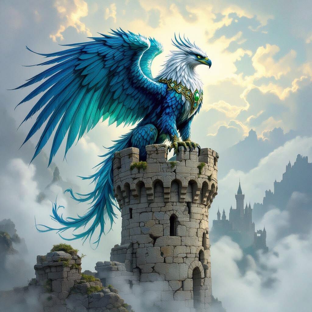 Griffin on Ancient Tower in Fantasy Art Style