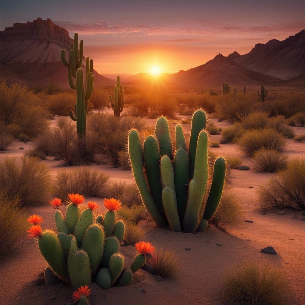 Desert Sunrise with Cactus Silhouettes