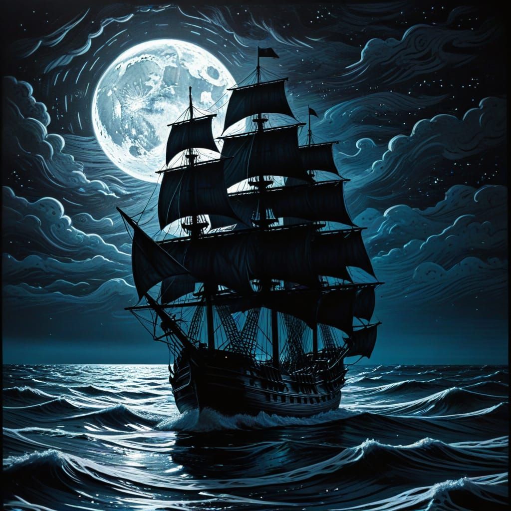 Dramatic Galleon Silhouette on Moonlit Sea