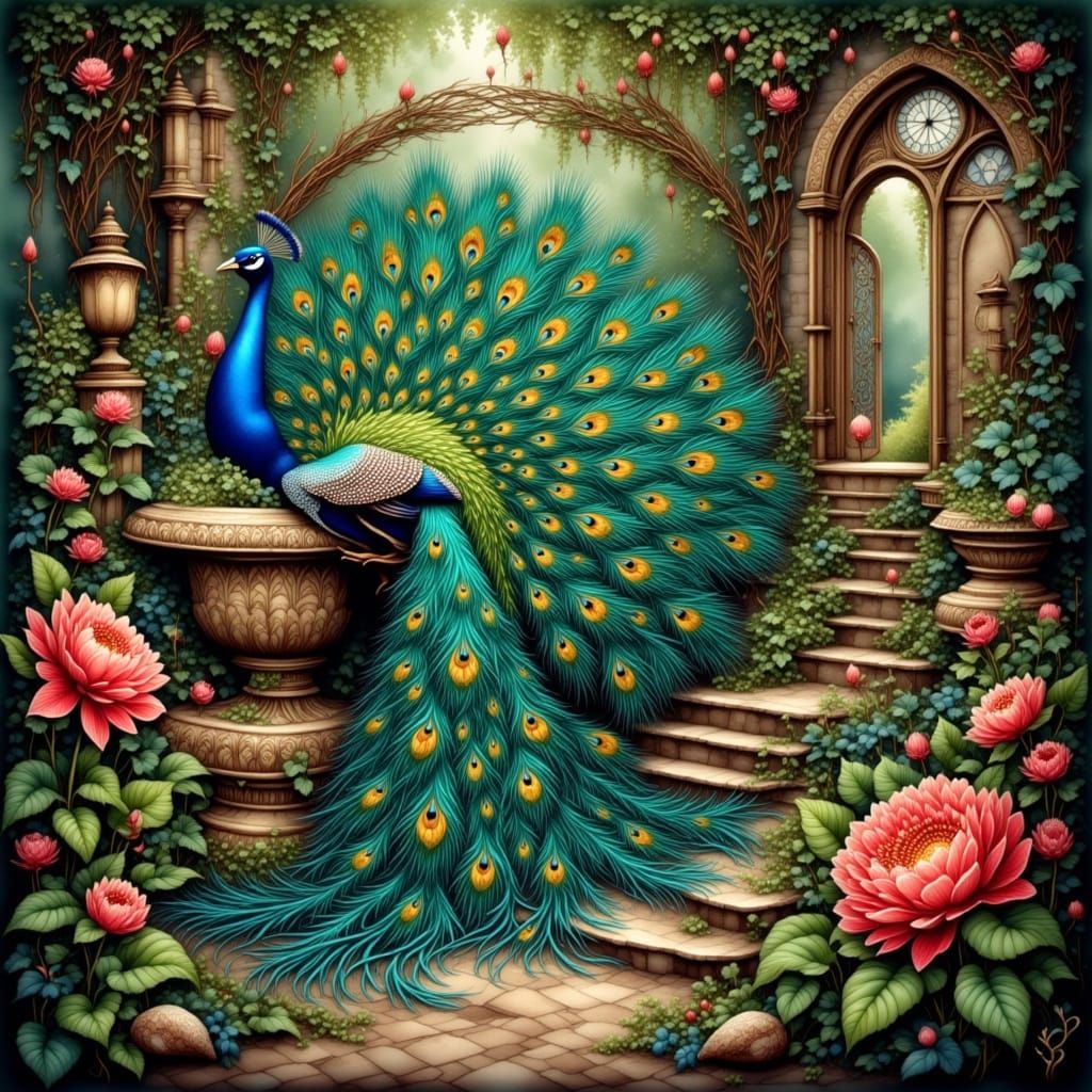 Majestic Peacock in Enchanted Garden
