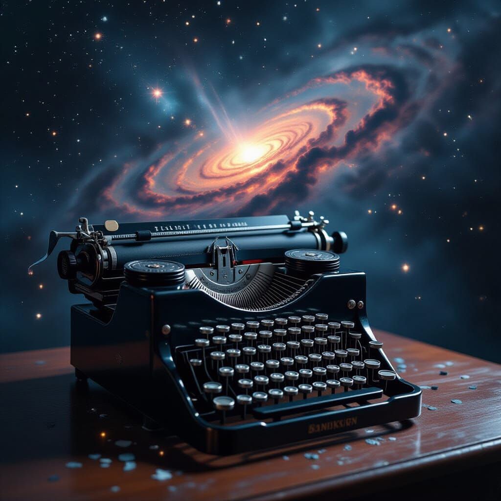 Cosmic Typewriter Nebula in Surrealist Horror Style