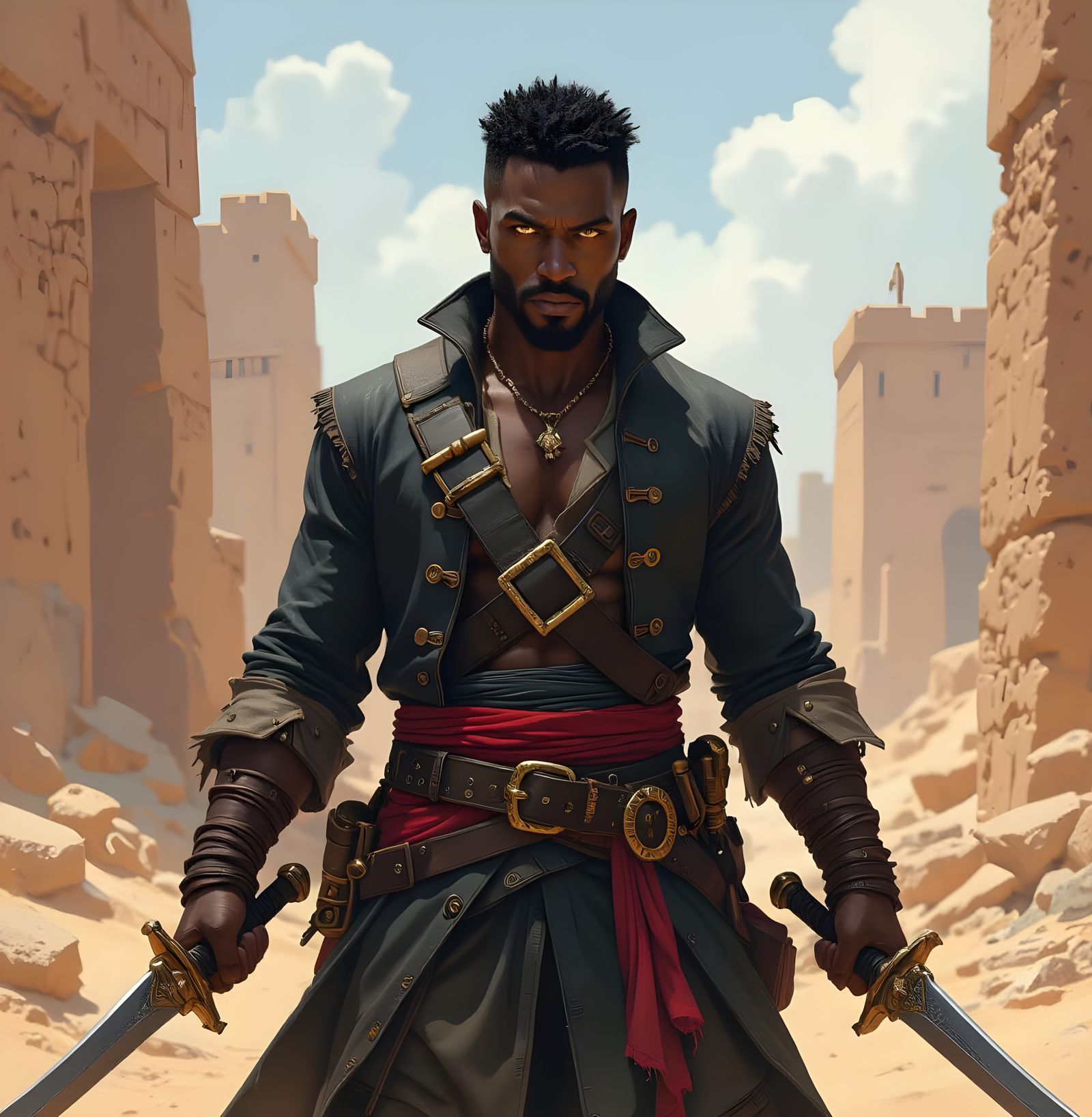 Pirate in Desert Ruins with Golden Eyes