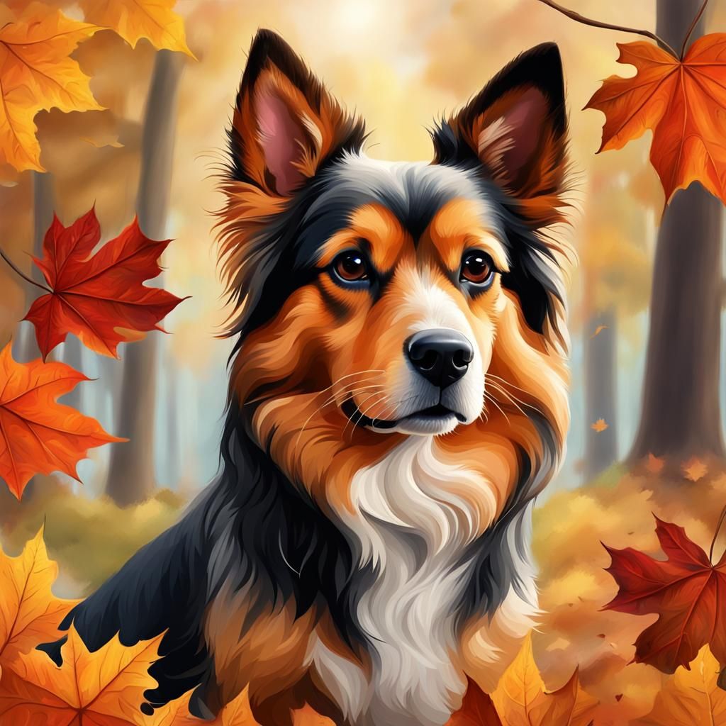 Cute Dog Portrait in Autumn Digital Painting