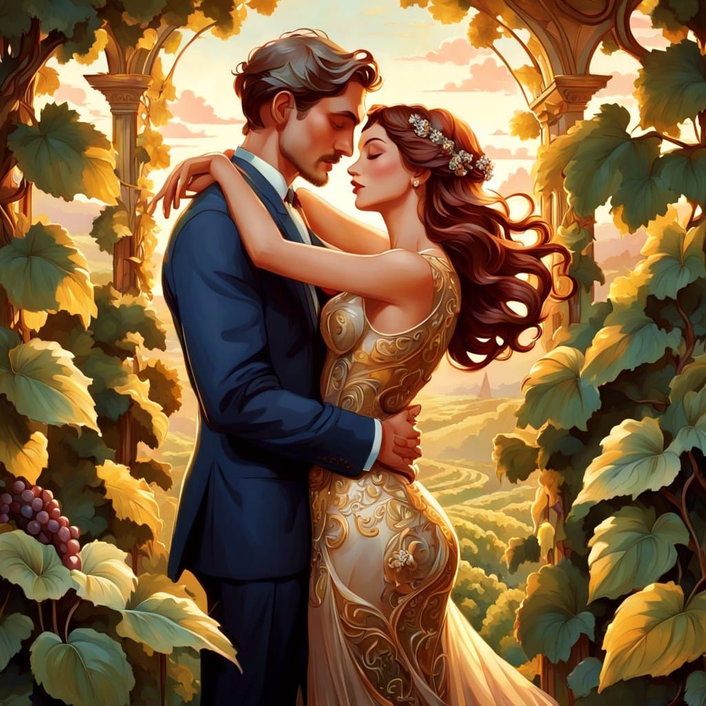 Golden Hour Art Nouveau Couple in a Lush Vineyard
