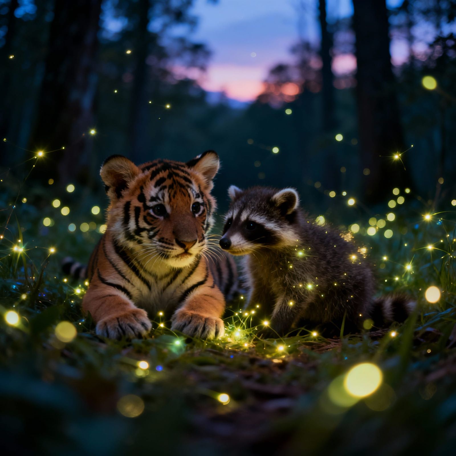Magical Twilight Forest with Baby Animals and Fireflies