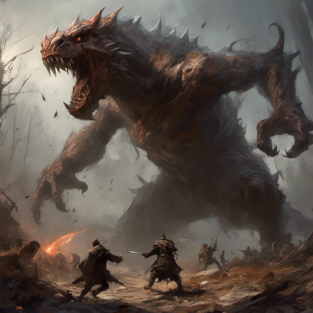 Wizards fighting a giant Tarrasque monster Jakub Rozalski digital art 3D shading fantasy wizardcore HDR <lora:Macabre:1....
