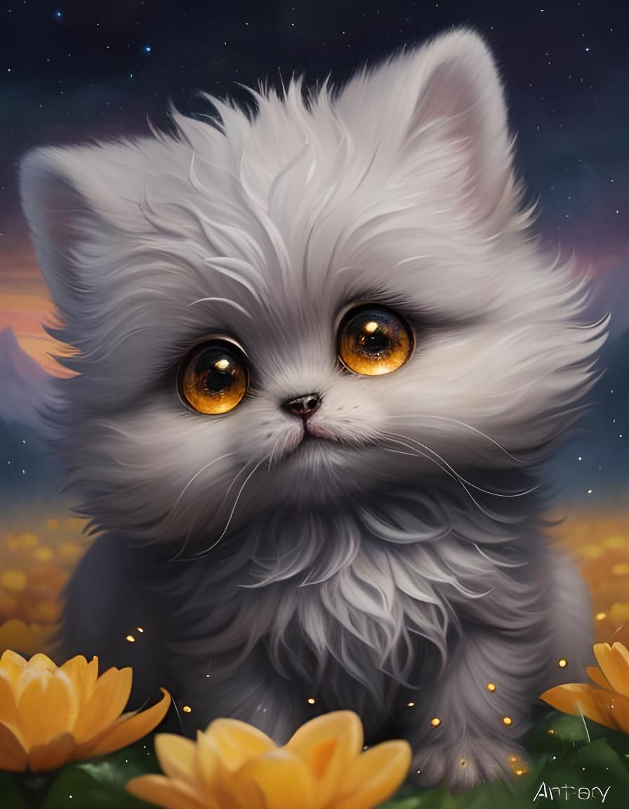 Fluffy Fantasy Creature in Flower Rain