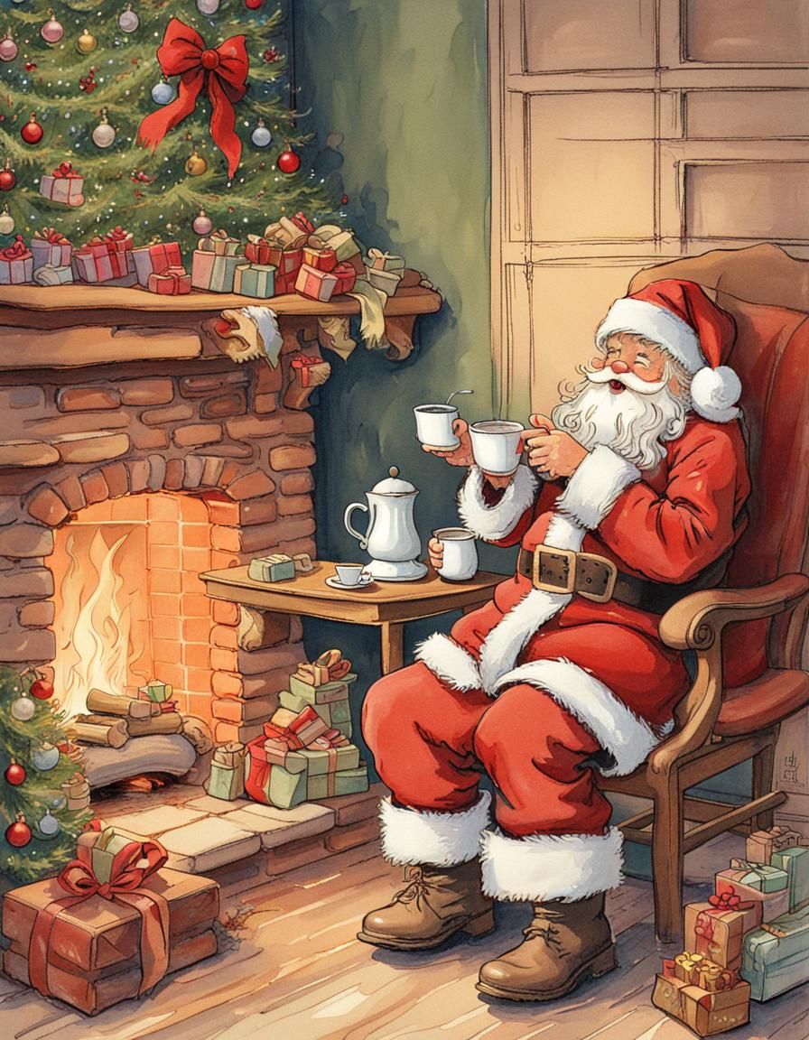 Santa Claus Enjoying Coffee by Fireplace in Vintage Style