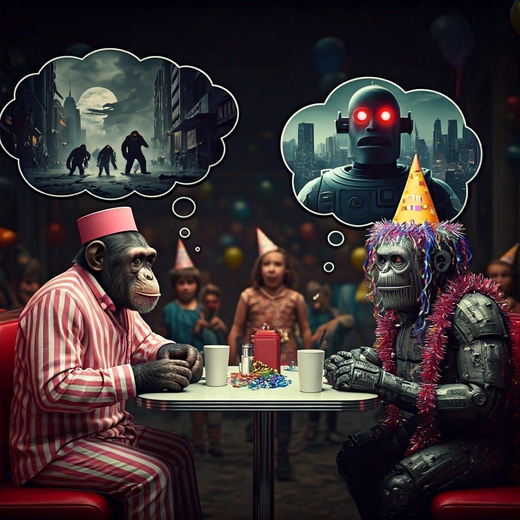 Chimpanzee and Android Diner Scene in Cinematic Style