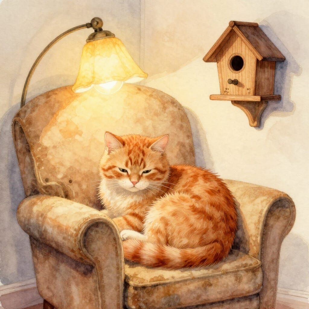 Cozy Ginger Cat on Armchair in Soft Lamp Glow