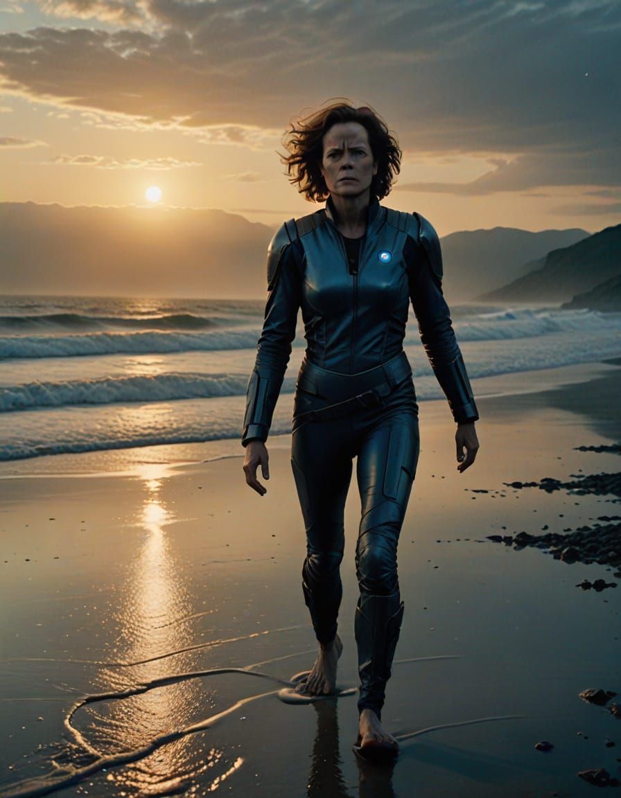 Sigourney Weaver Walks a Desolate Beach at Golden Hour