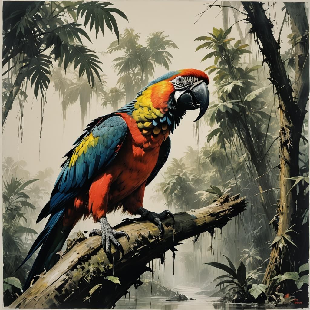 Yoji Shinkawa,Robert Rauschenberg, goblin macaw spooky fantasy concept art, Amazon river,sunny,photorealistic,sharp focu...