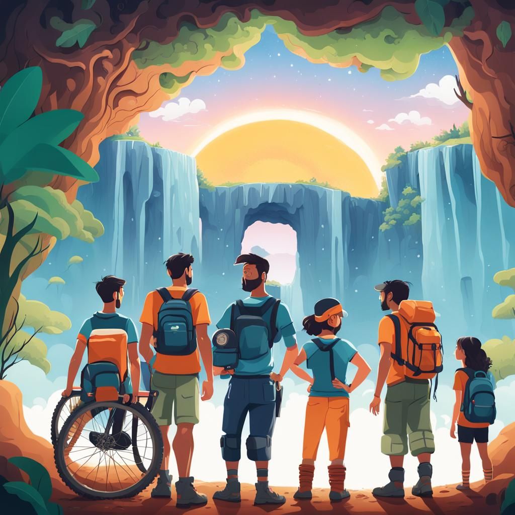 Hikers and Friend Admire Waterfall at Sunrise