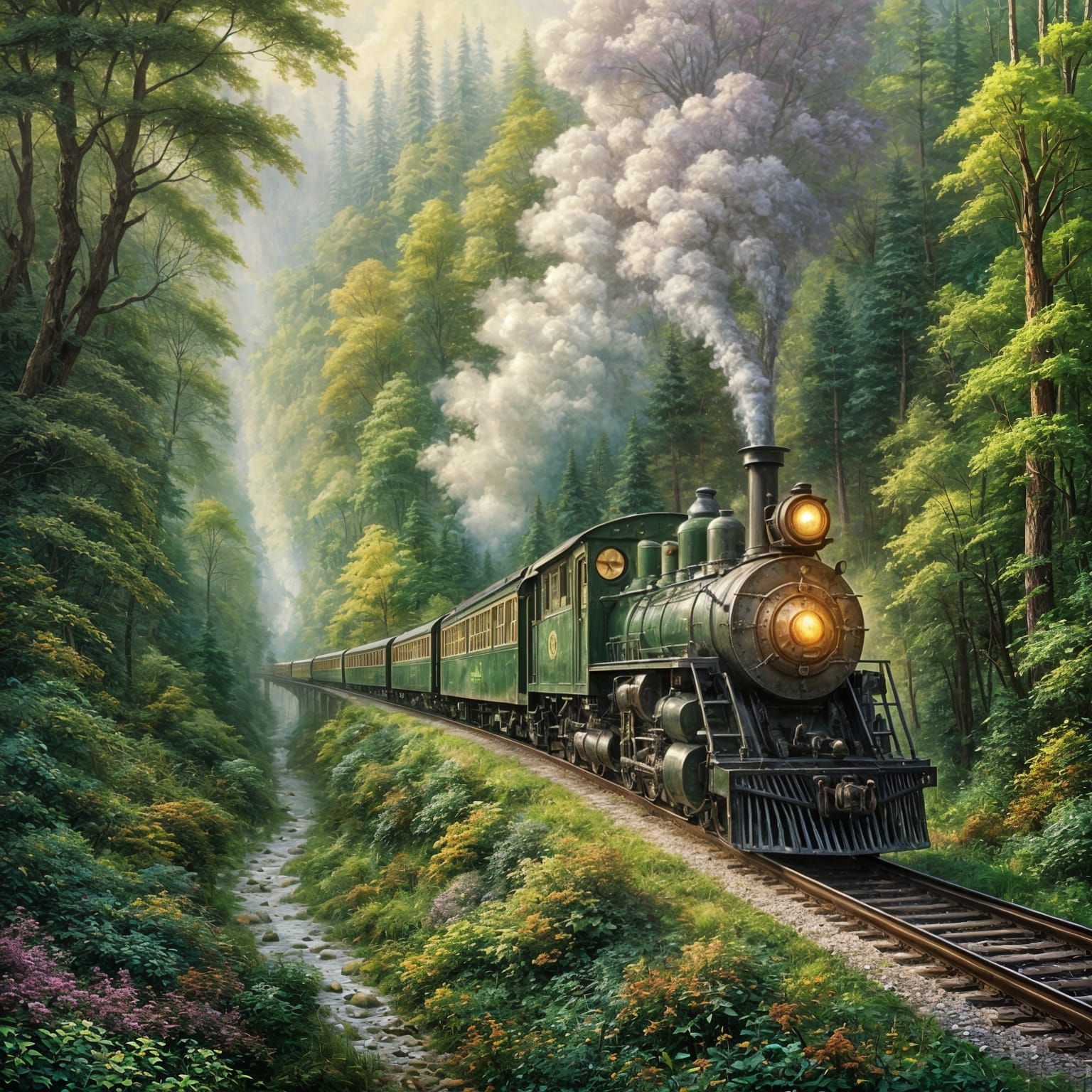 Vintage Steam Train Through Lush Forest, Fine Art