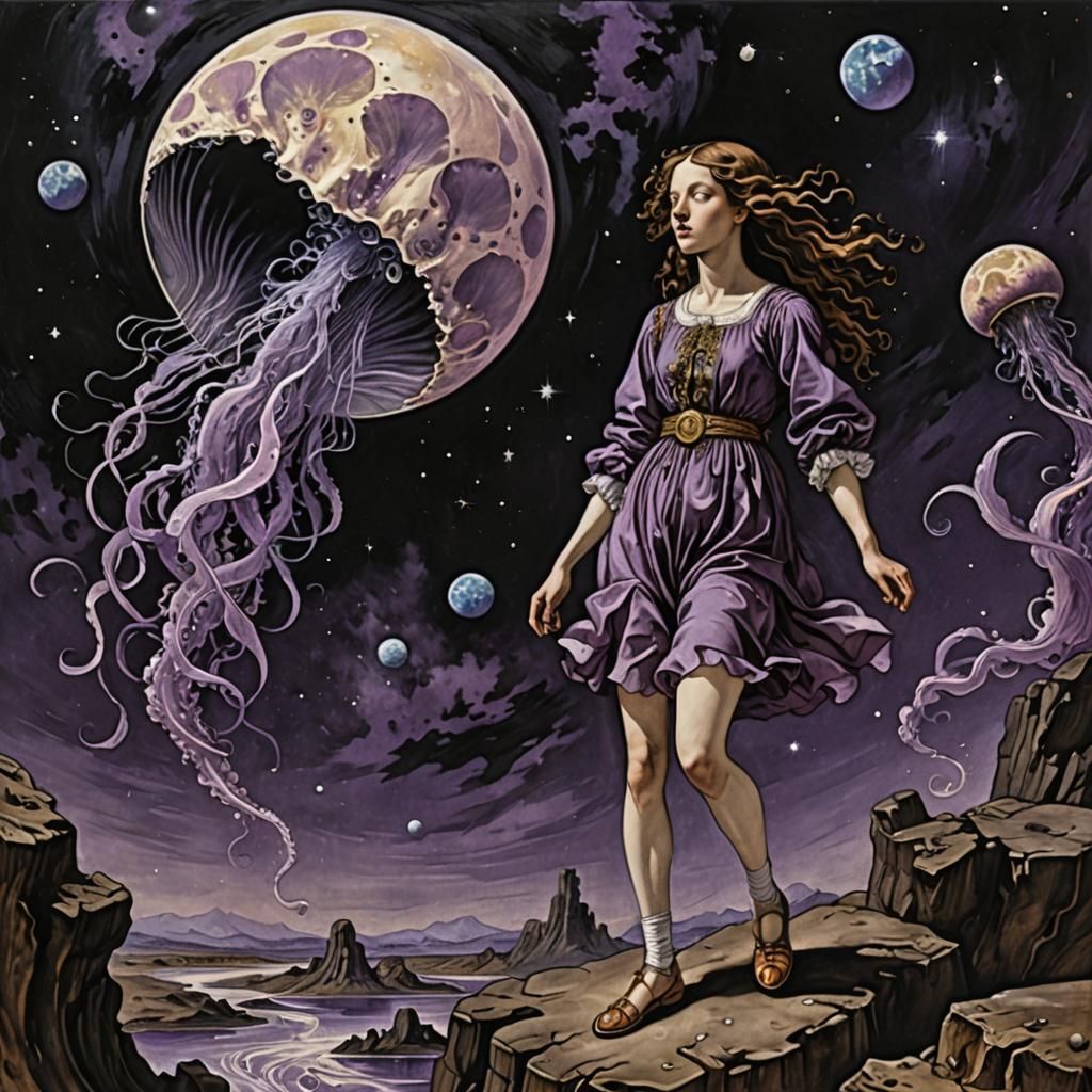 Girl on Moon with Space Jellyfish in Ink Print Style