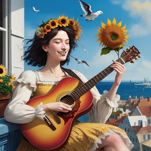 Surrealist Folk Art: Guitarist's Balcony Serenade