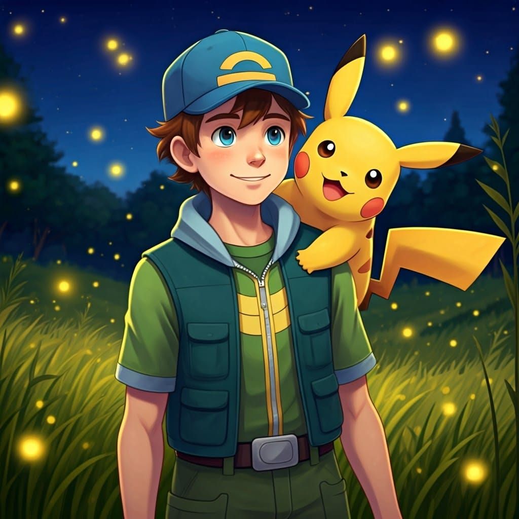 Joyful Pokémon Trainer and Pikachu Gaze at Fireflies on a Su...