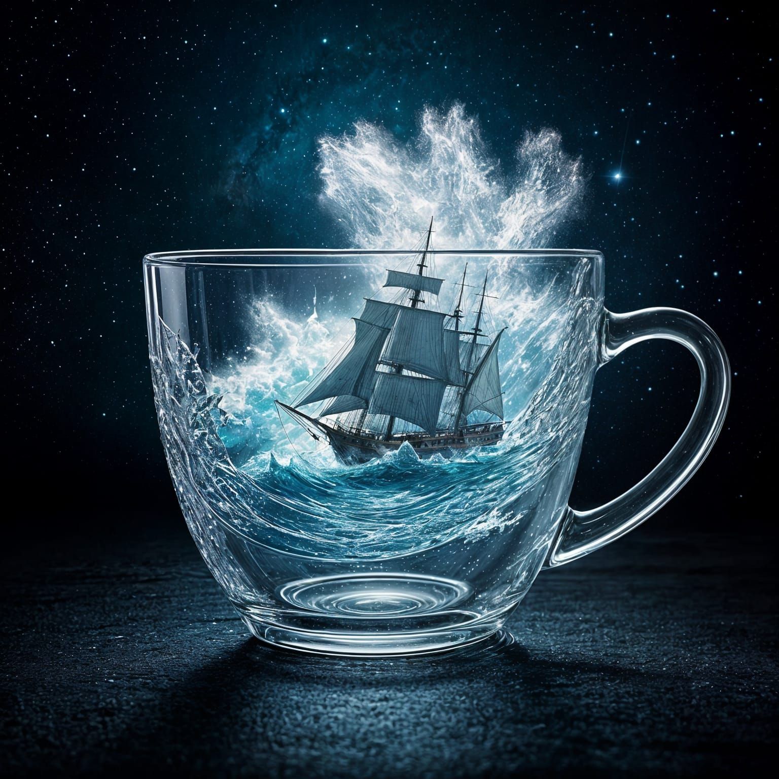 Dramatic Shipwreck Scene in a Glass Cup Under Starry Skies