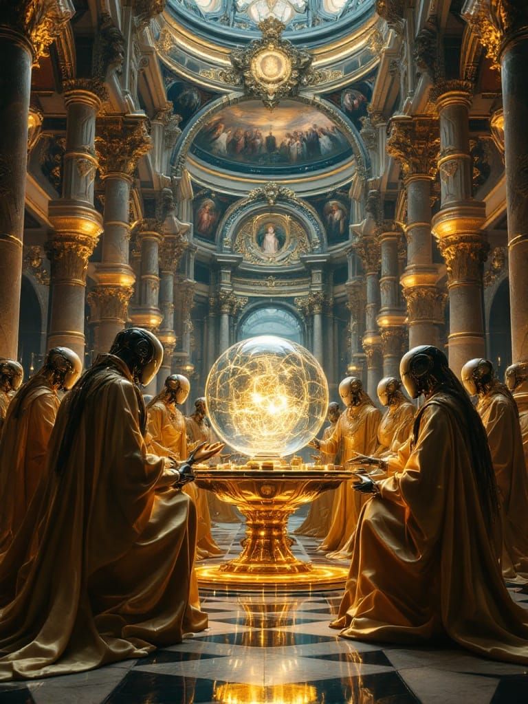 Cybernetic Aristocrats Gather in Baroque Cathedral-Palace
