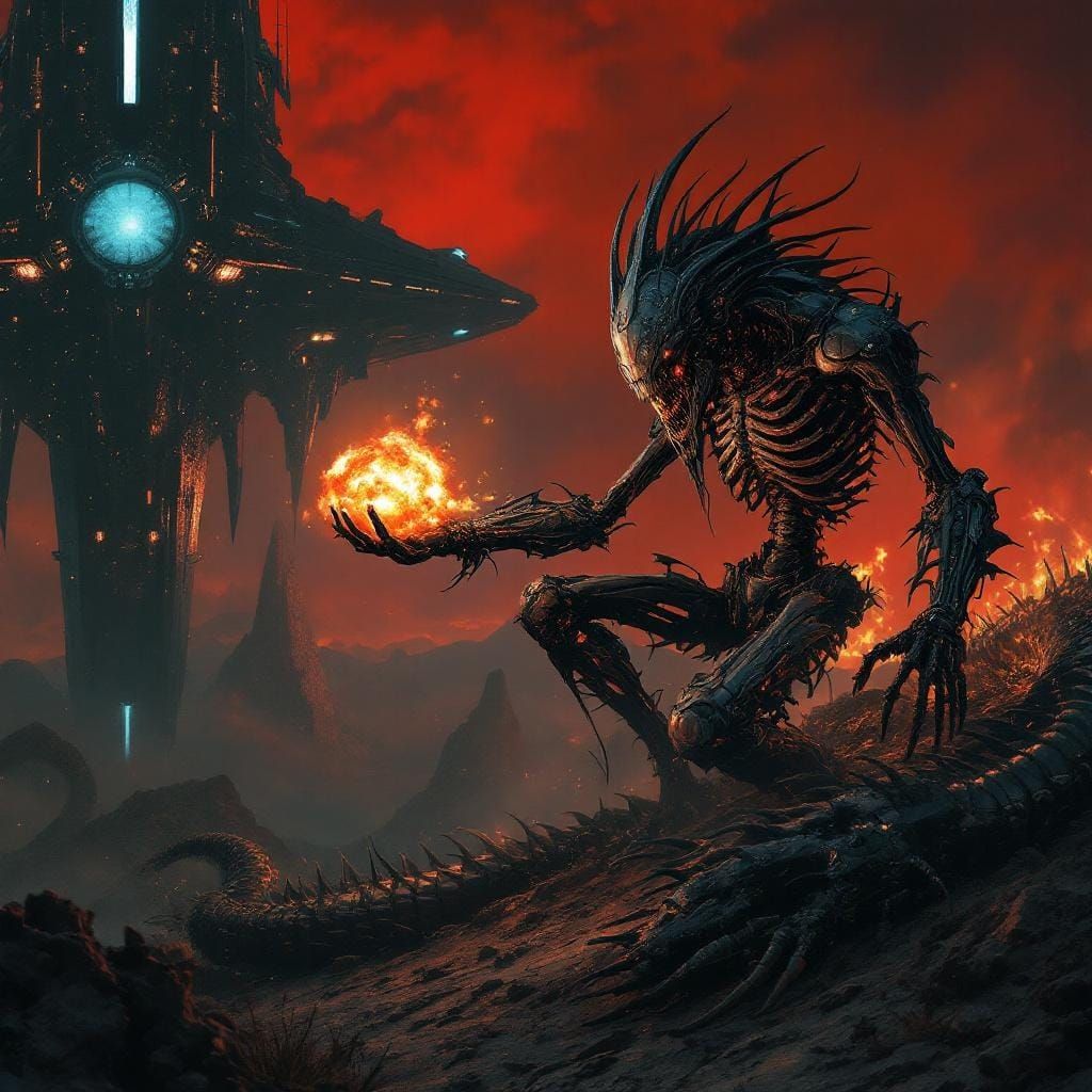Cyborg Demon with Serpent in Eerie Landscape