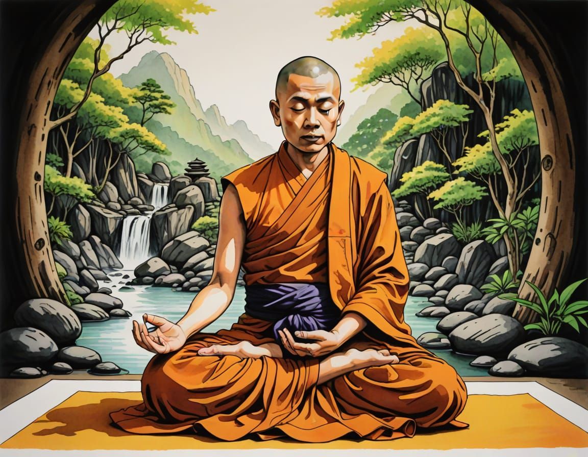 Buddhist Monk in Intense Zen Meditation