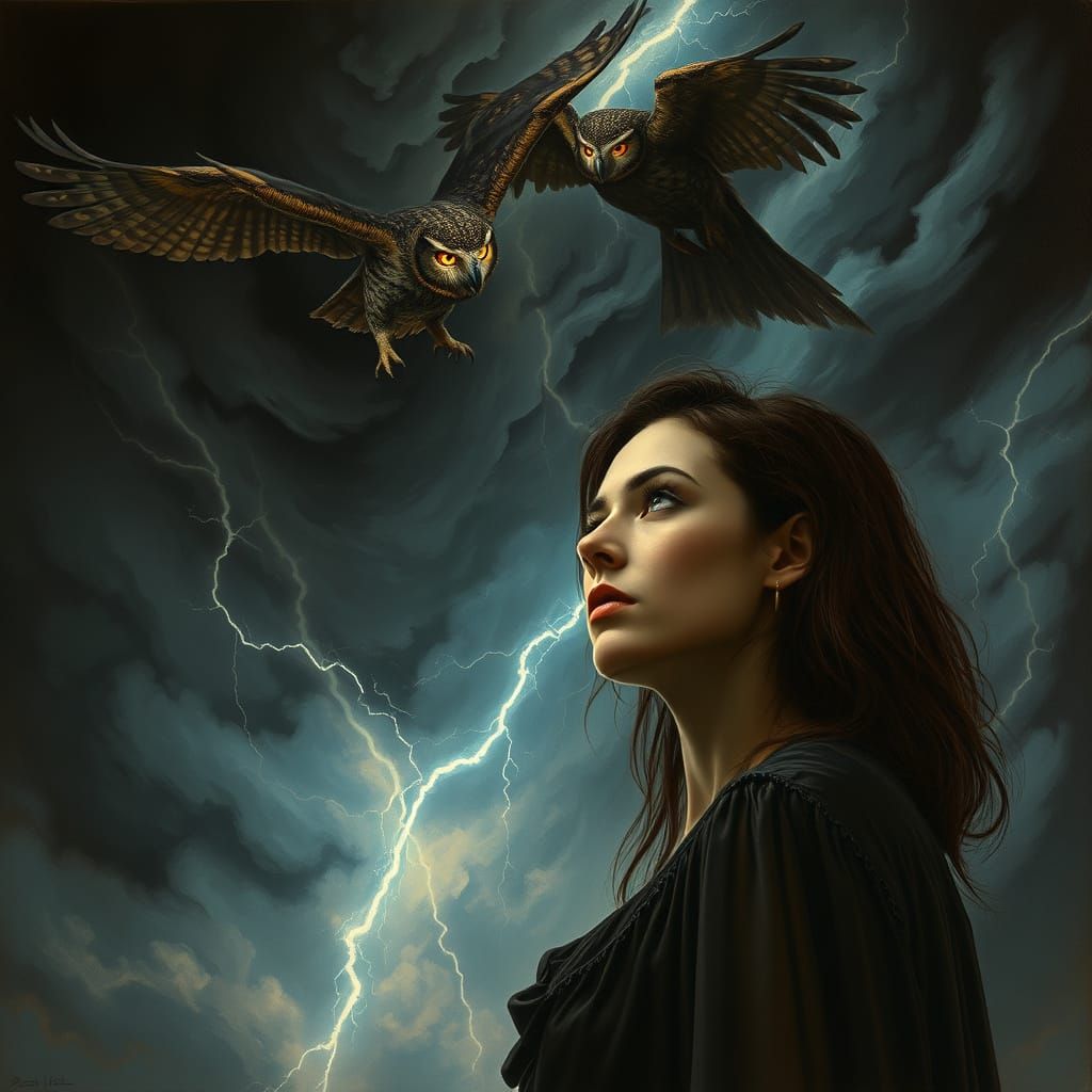 Surreal Dark Fantasy Painting: Woman Faces Storm Under Owl's...