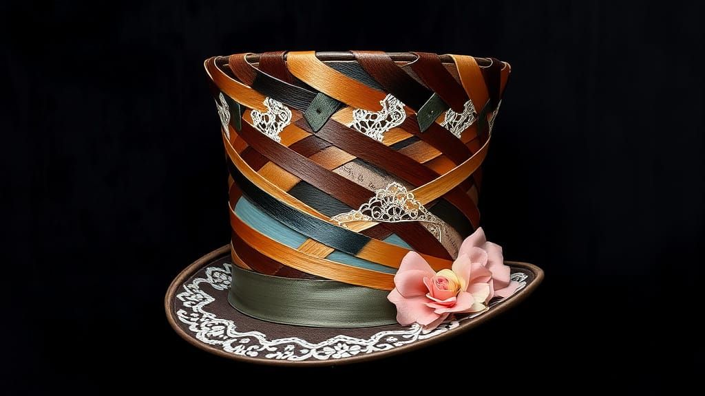 Intricate Top Hat Woven from Leather, Silk, and Lace