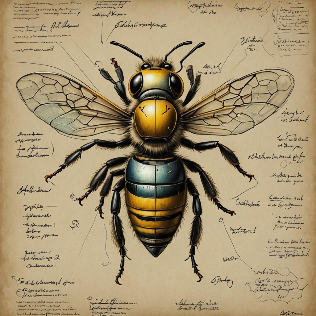 Cyborg Bee Sketch on Parchment