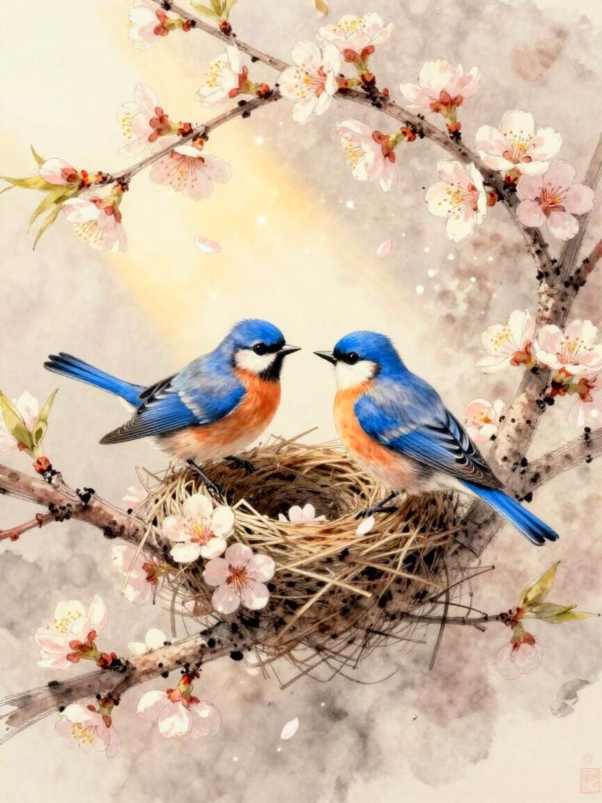 Two Bluebirds Nesting in Blossoms Watercolor Painting