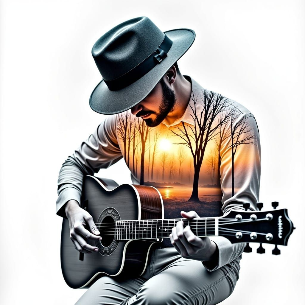 Bioluminescent Double Exposure: Blues Musician's Transparent...