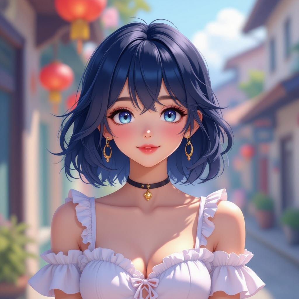 Anime Woman with Blue Hair in Pastel Scene