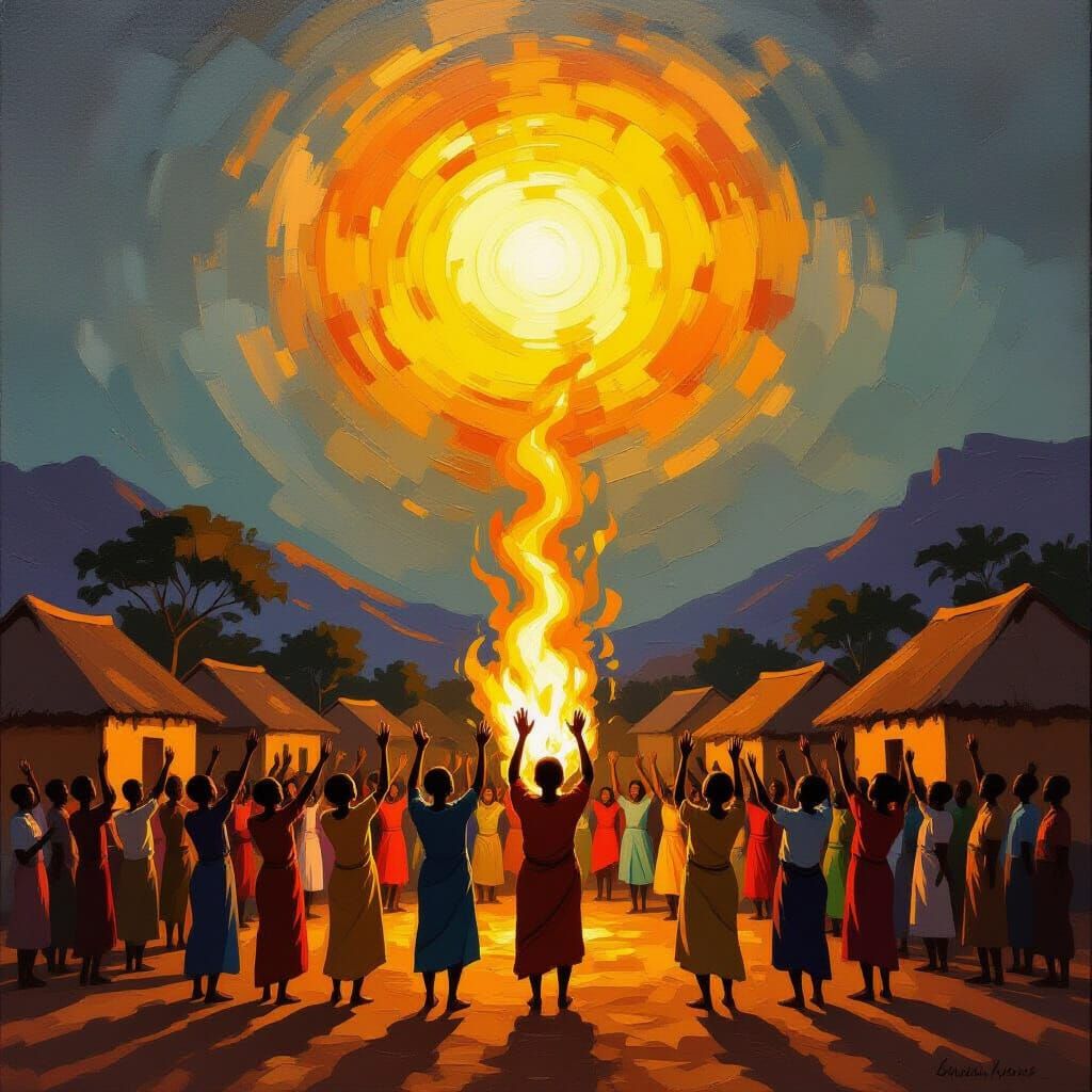 Golden Flame Illuminates African Village in Expressive Oil P...
