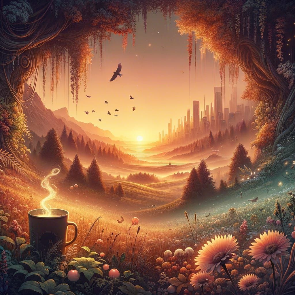 Mystical Evening Cityscape Blending Nature and Urban Life